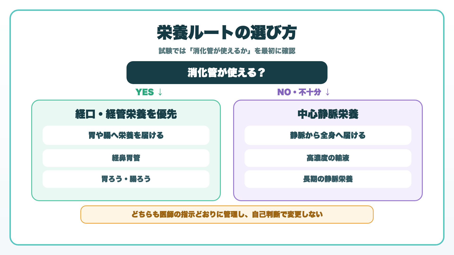 中心静脈栄養法と経管栄養法の選び方を整理した図解